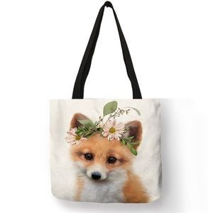 Eco-Friendly Brown & White Baby Fox with Flower Crown Folding Tote Bag